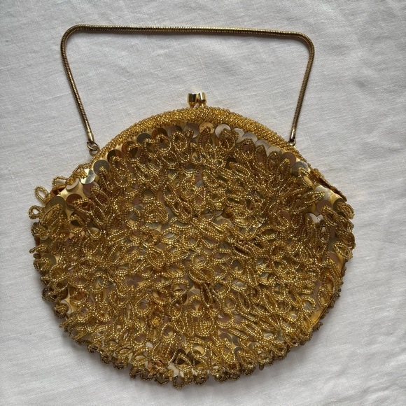Vintage Handbags - Vintage 50’s Gold Hand Beaded & Sequin Evening bag-metal clasp and chain strap.